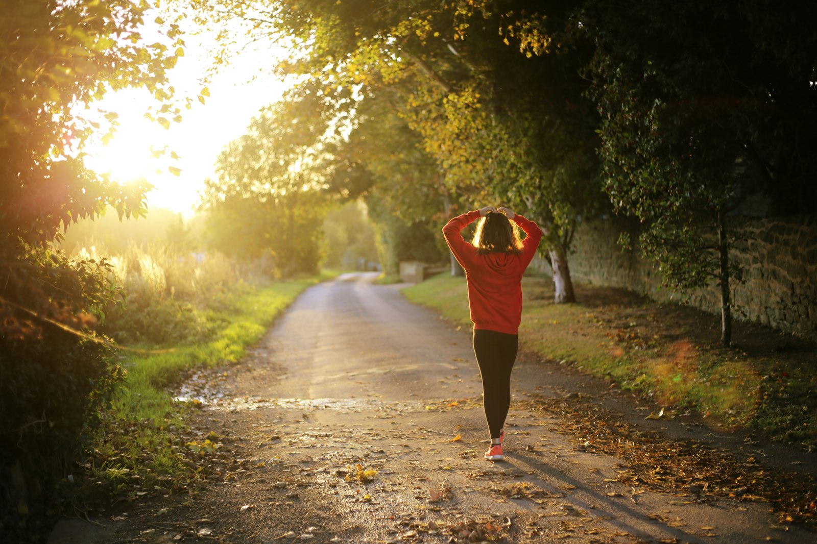 A woman walking a leaf-strewn country lane into golden-hour light